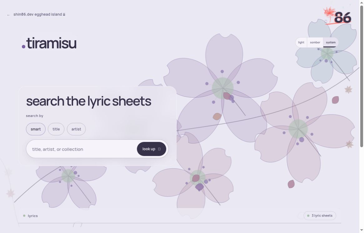 Tiramisu lyric search with smart, title, and artist filters over the current p5 cherry-blossom canvas.